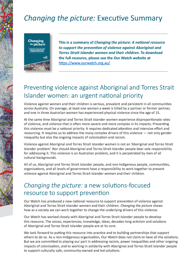 Screenshot of cover page of Changing the story exec summary showing mostly teal coloured headlines on white background