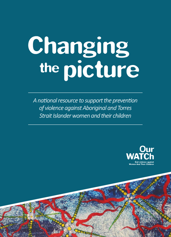 Cover of Changing the story with white text on teal cover and a cropped part of an Aboriginal artwork.