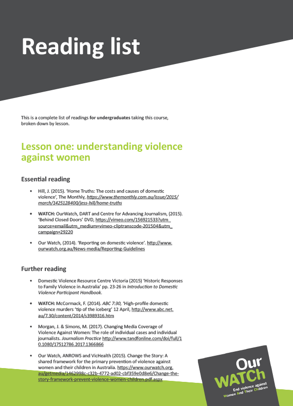 Cover of resource with Our Watch branding in green and grey with the Our Watch logo.