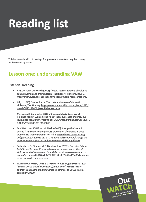 Cover of resource with Our Watch branding in green and grey with the Our Watch logo.