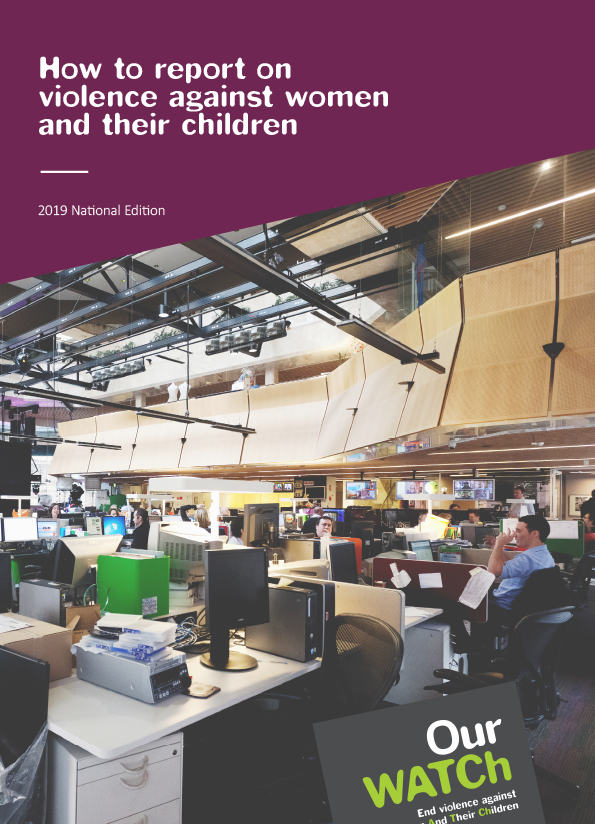 Cover of National media reporting guidelines showing a newsroom image with purple block of colour and white headline